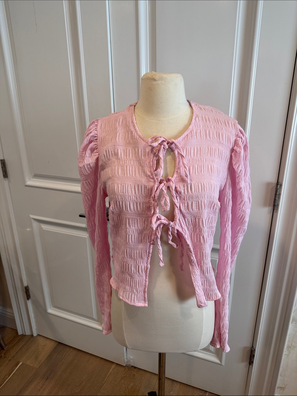 LAAGAM Pink Tie-Front Textured Long-Sleeve Women's Top